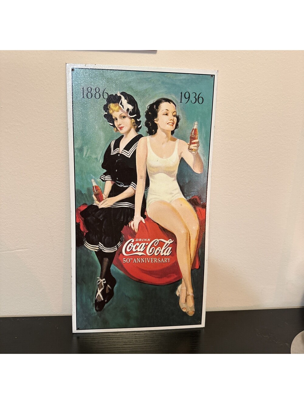Coca Cola 50th Anniversary Bathers Tin Metal Decorative Sign 8.5” X 16”